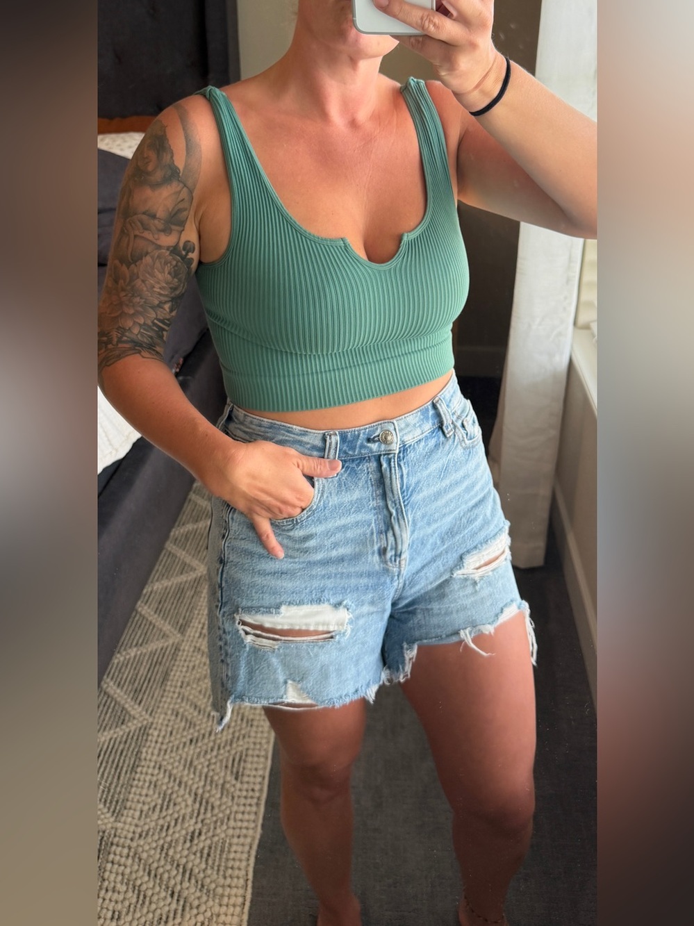 🔥 Full Tilt Sage Green Ribbed Seamless Notch Neck Crop Tank Top